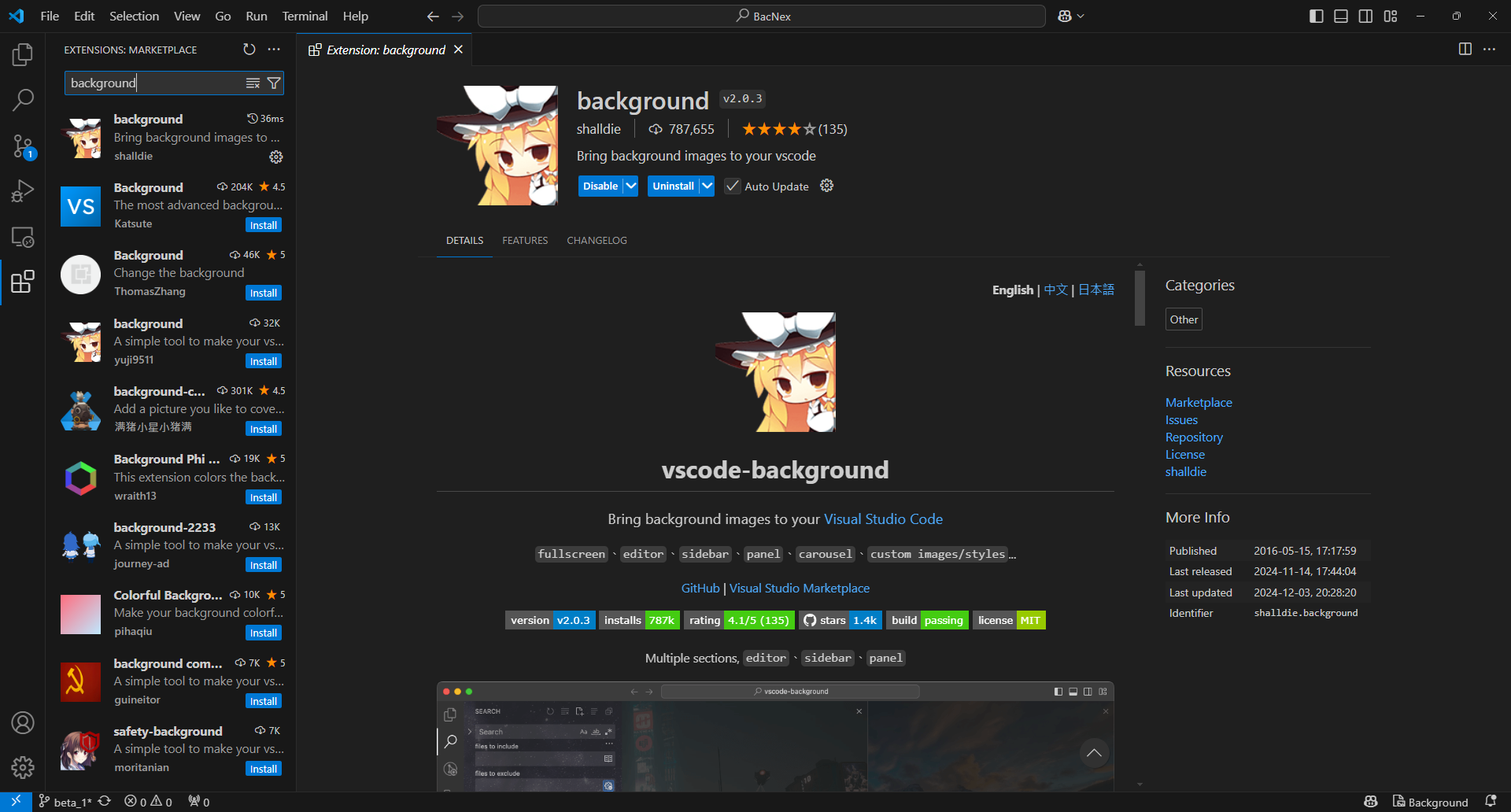 VS Code Extensions 搜尋畫面